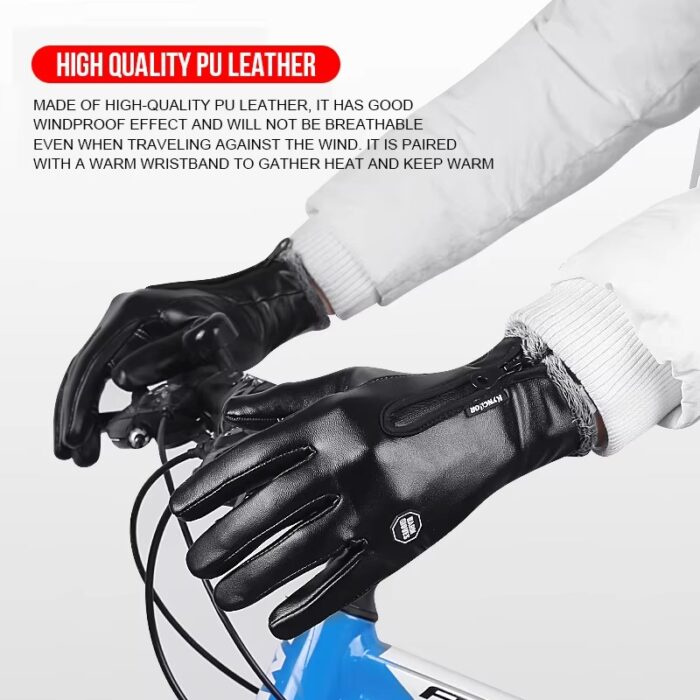 Outdoor Winter Waterproof PU Leather Gloves, Unisex Full Finger Touchscreen - Image 3